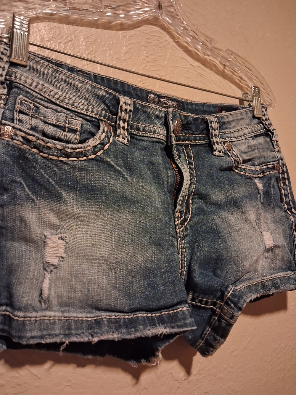 Silver Jeans Faded Blue Distressed Denim Shorts with Braided Trim